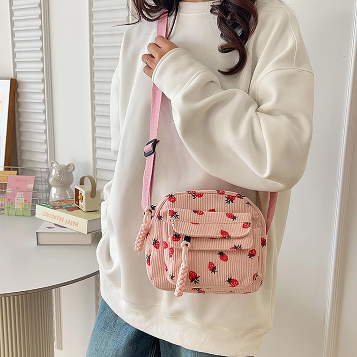 Strawberry Bag Corduroy Tote Bag Cute Crossbody Bag - Lily Bloom