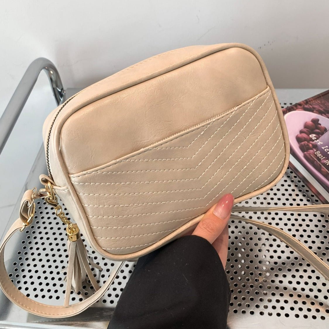 Tassel Vegan Leather Printed Strap Cassette Crossbody Bag - Lily Bloom