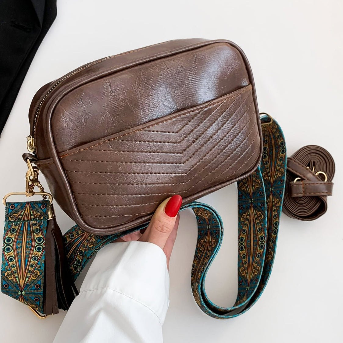 Tassel Vegan Leather Printed Strap Cassette Crossbody Bag - Lily Bloom