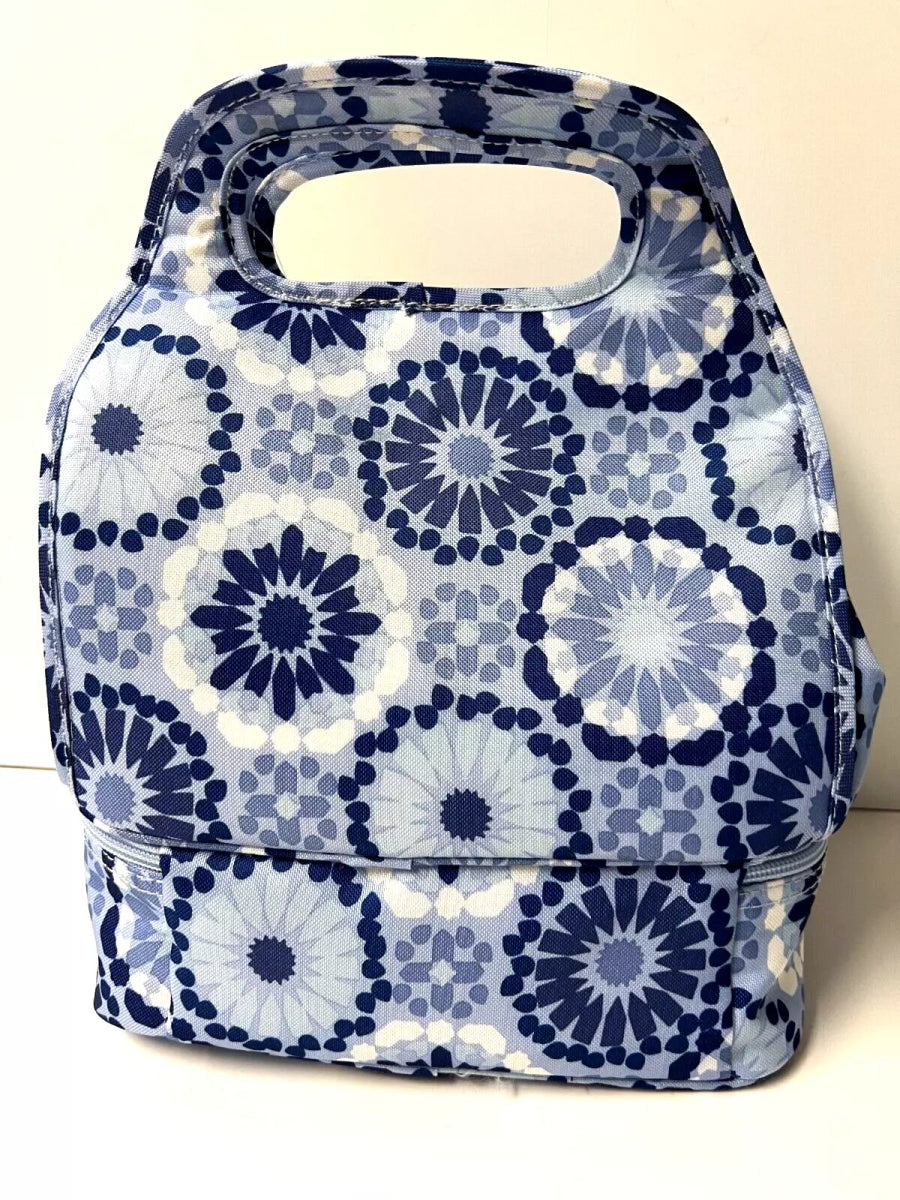 Top Handle Insulated Lunch Bag in Blue and White Pattern - Lily Bloom