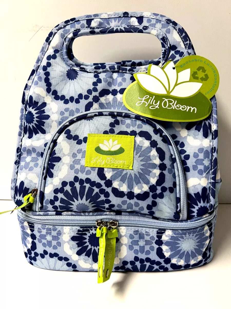 Top Handle Insulated Lunch Bag in Blue and White Pattern - Lily Bloom
