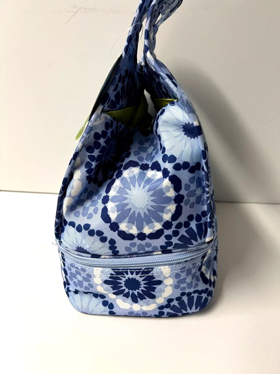 Top Handle Insulated Lunch Bag in Blue and White Pattern - Lily Bloom