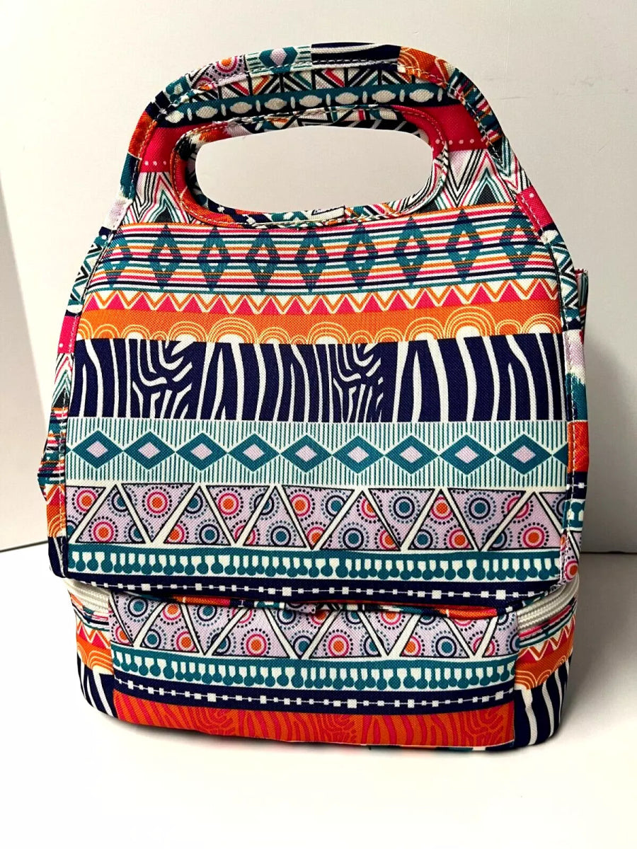 Top Handle Insulated Lunch Bag in Tribal Stripe Pattern - Lily Bloom
