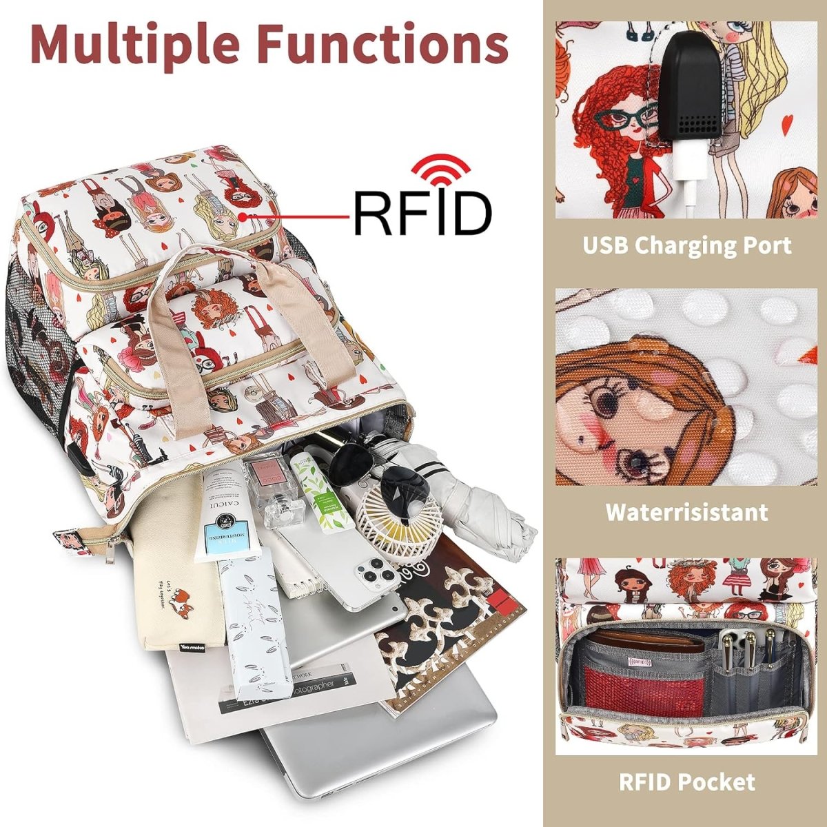 Travel USB Charging Port Water Resistant Laptop Backpack RF ID pocket - Lily Bloom