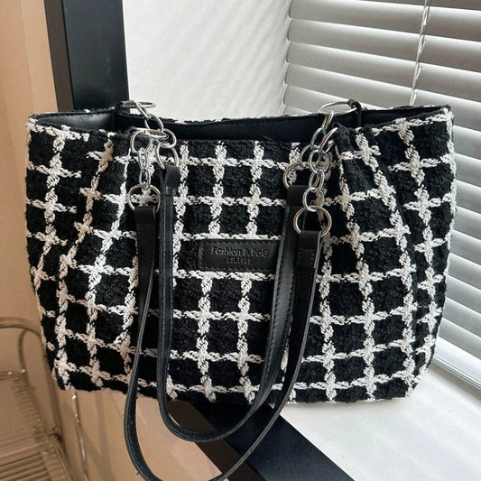Tweed Black & White Handbag Zipper Shoulder Bag - Lily Bloom