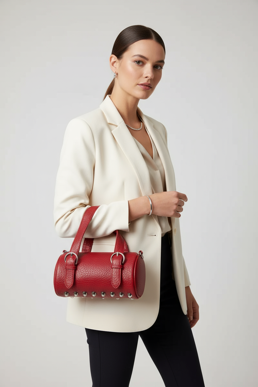 Vegan Leather Buckle Strap Cylinder Hand Bag - Lily Bloom