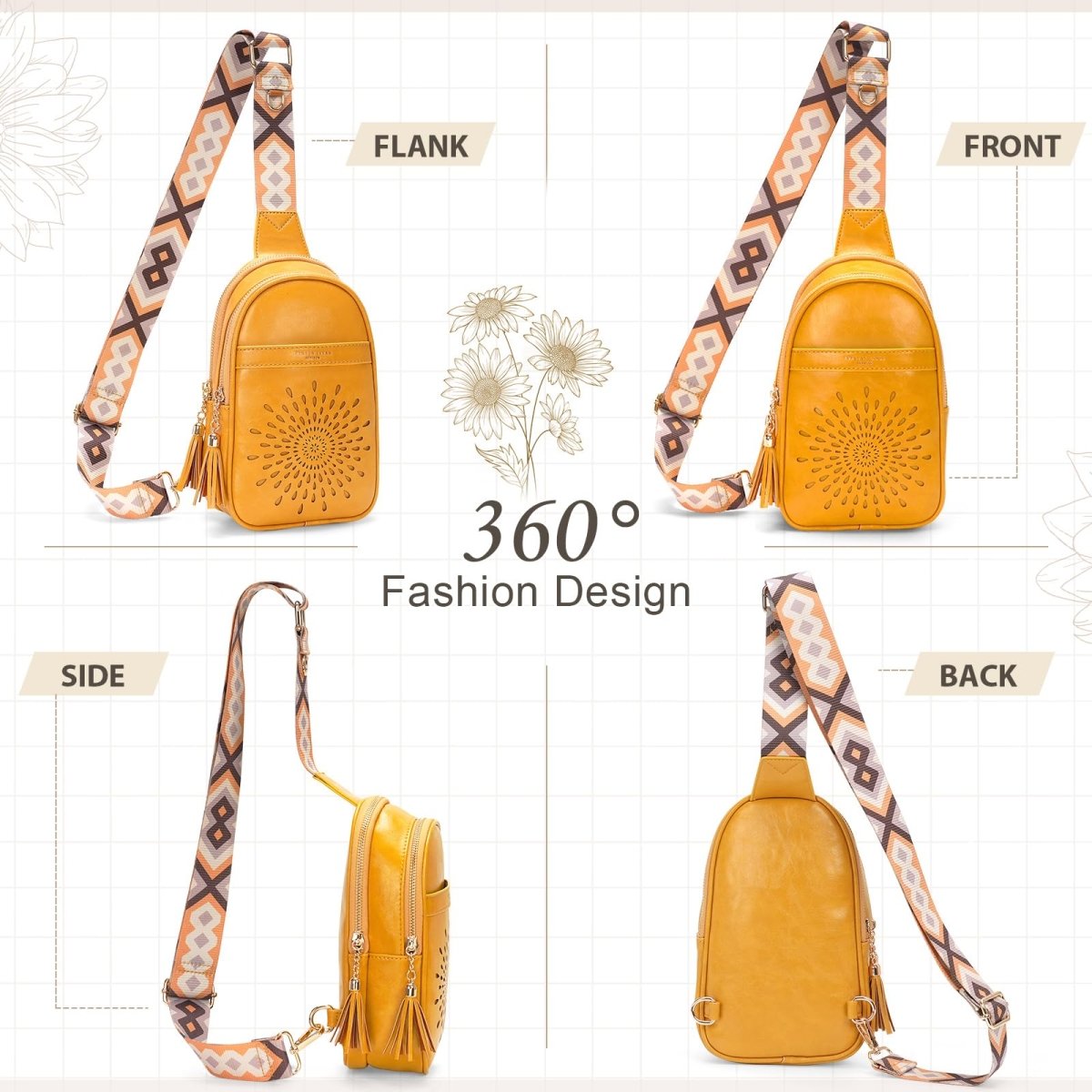 Vegan Leather Crossbody Bag Chest Bag with Adjustable Strap - Lily Bloom