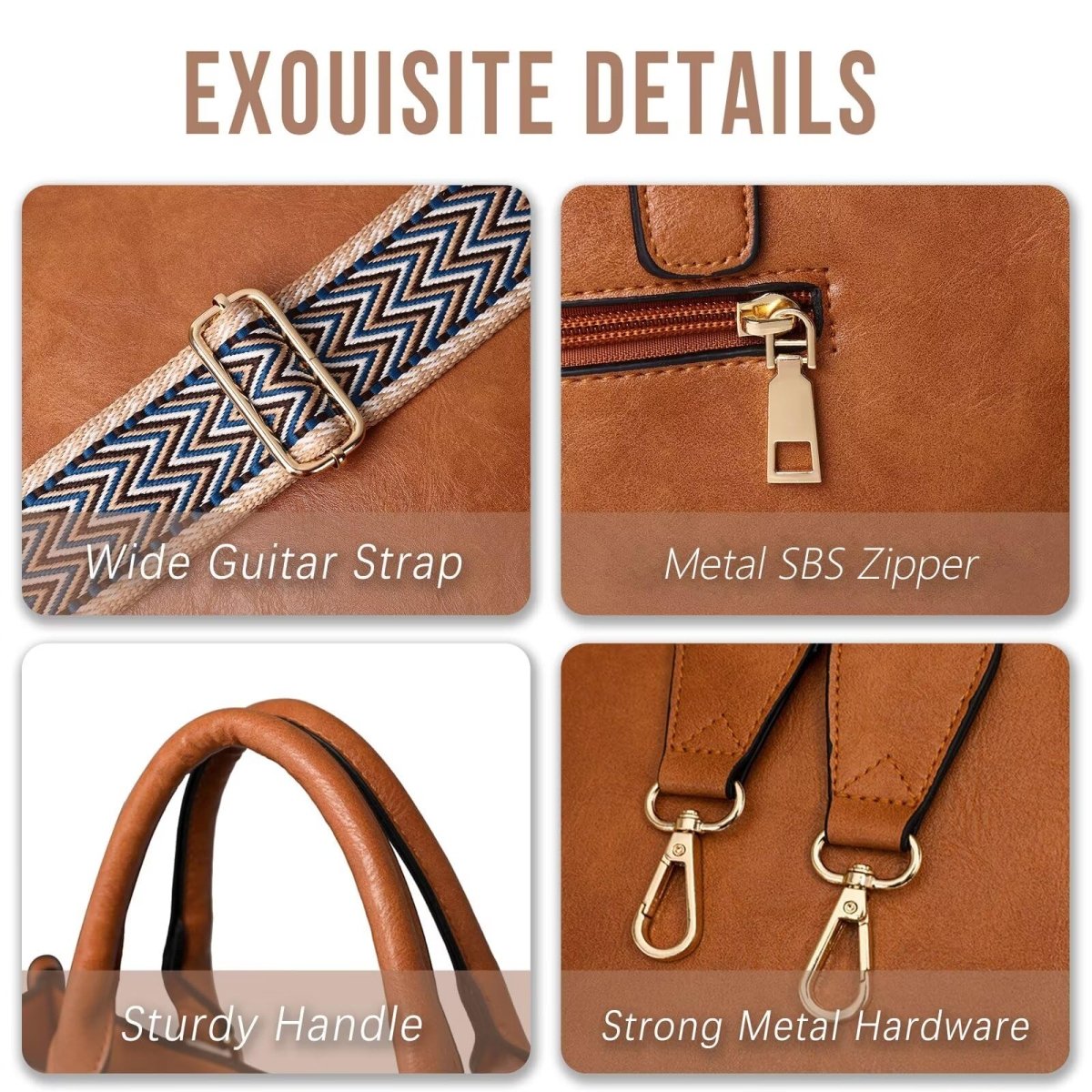 Vegan Leather Crossbody Bag with Guitar Strap Zipped Pockets - Lily Bloom