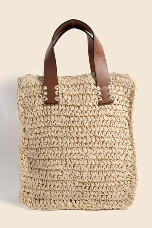 Vegan Leather Handle Straw Braided Handbag - Lily Bloom