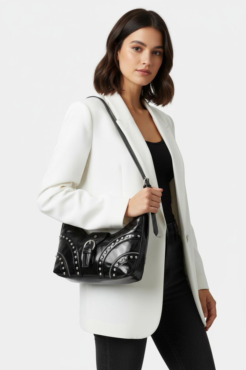 Vegan Leather Studded Trim Shoulder Bag - Lily Bloom