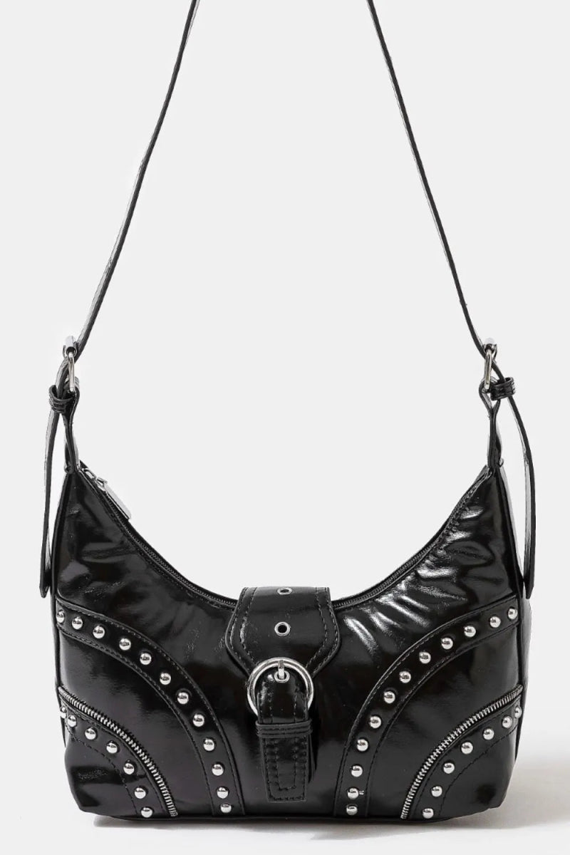 Vegan Leather Studded Trim Shoulder Bag - Lily Bloom