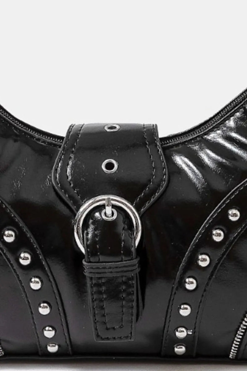 Vegan Leather Studded Trim Shoulder Bag - Lily Bloom