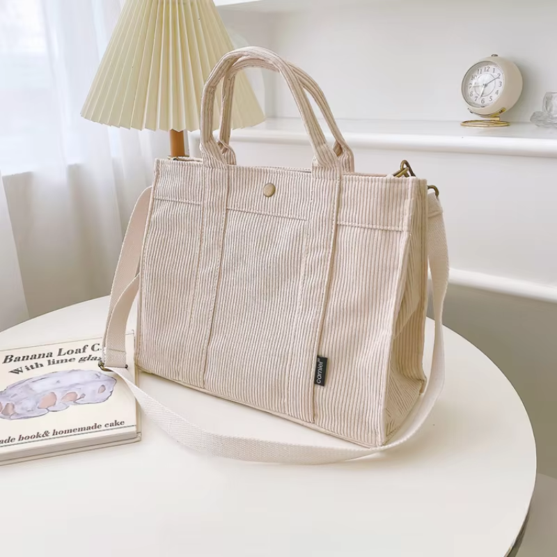 Corduroy Tote Bag Crossbody Bag with Zipper Closure