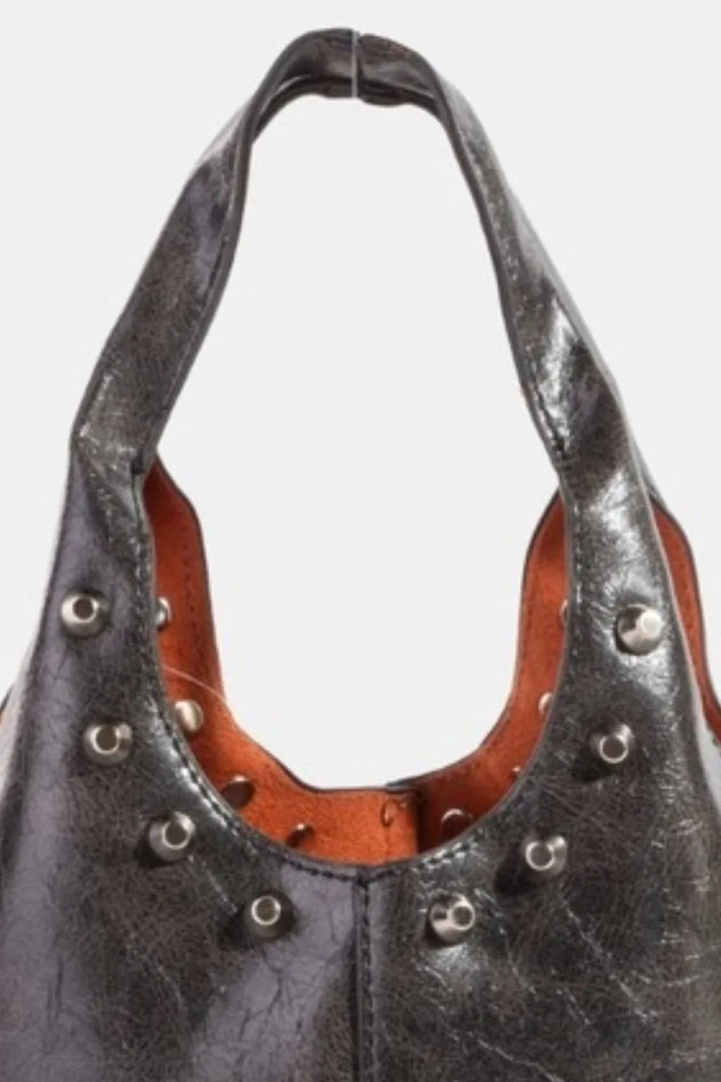 Weathered Vegan Leather Studs Bucket Bag - Lily Bloom