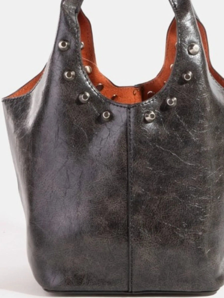 Weathered Vegan Leather Studs Bucket Bag - Lily Bloom