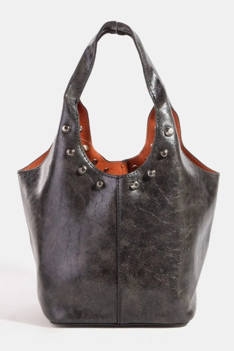 Weathered Vegan Leather Studs Bucket Bag - Lily Bloom