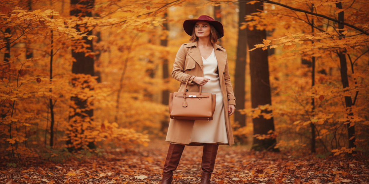 Women with handbag on autumn background