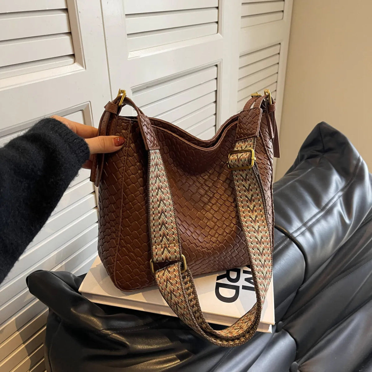 Woven Leather Shoulder Bag with Adjustable Strap - Lily Bloom