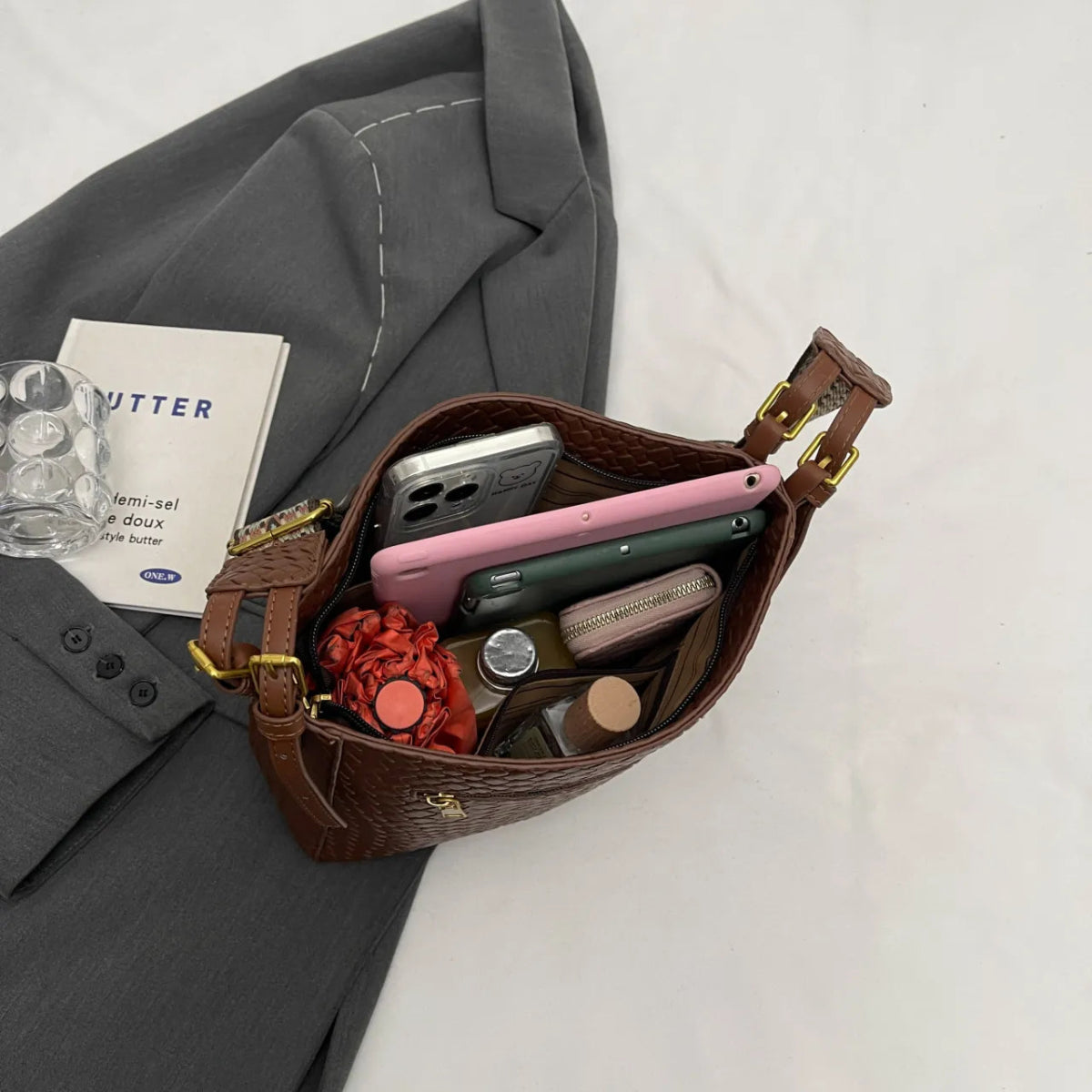 Woven Leather Shoulder Bag with Adjustable Strap - Lily Bloom