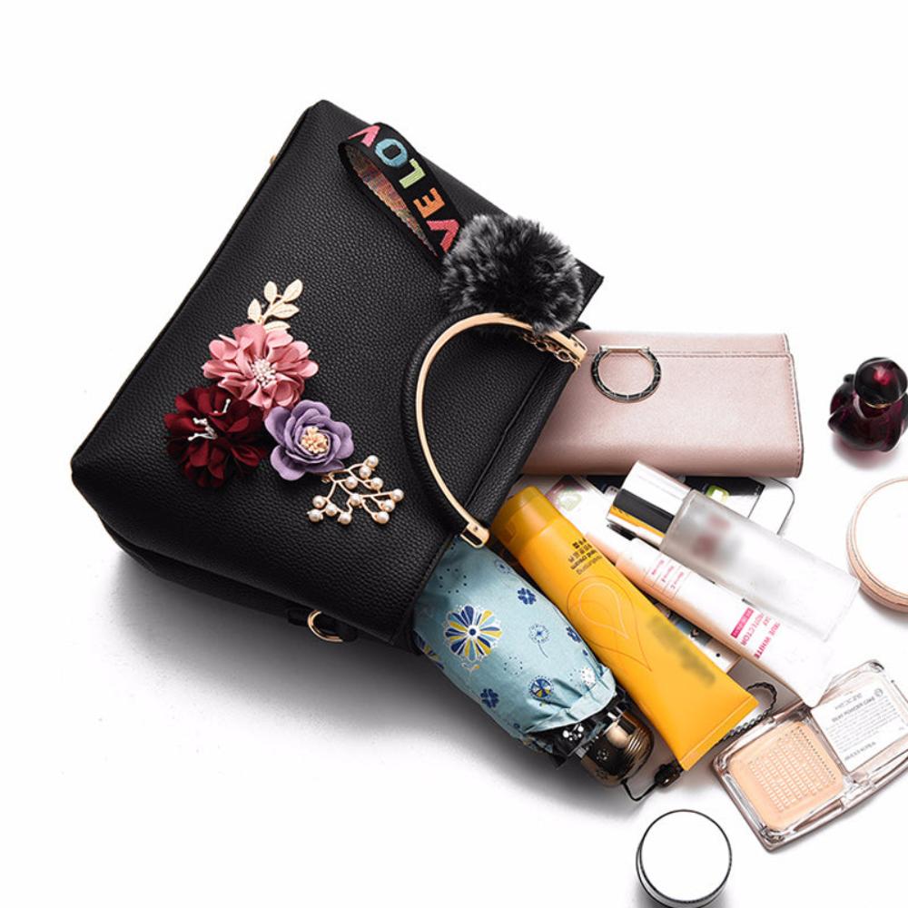 Leather Handbag Shoulder Bag Tote Flowers Shell Sac A Main Rivets Fur Ball Pendant - Lily Bloom