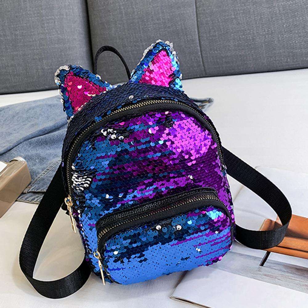 Cute Sequins Backpack Cat Ears School Zipper Backpack - Lily Bloom