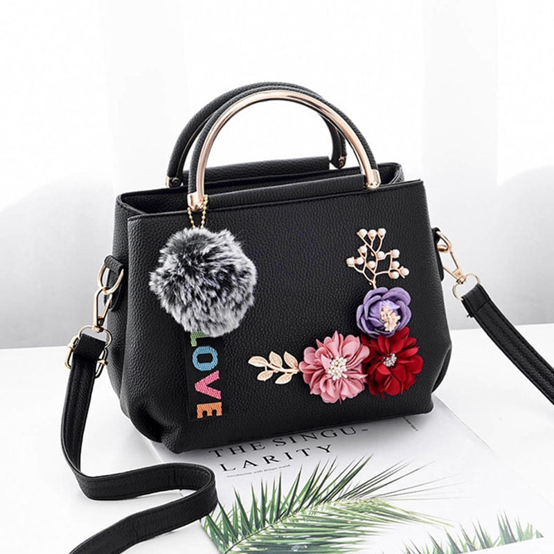 Leather Handbag Shoulder Bag Tote Flowers Shell Sac A Main Rivets Fur Ball Pendant - Lily Bloom