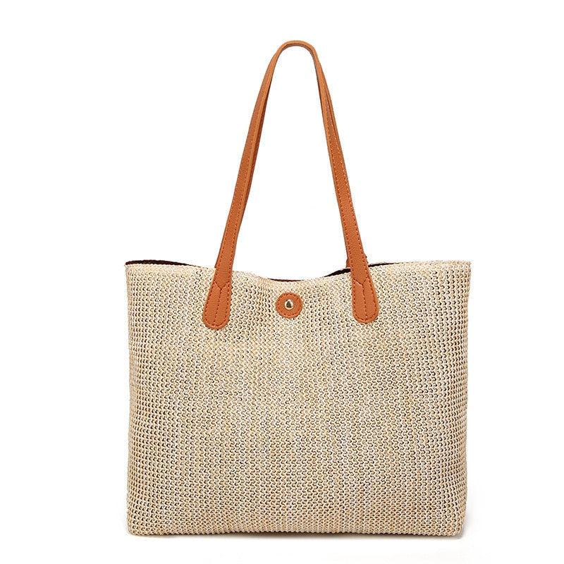 Large Capacity Soft Straw Tote Shoulder Bag - Lily Bloom