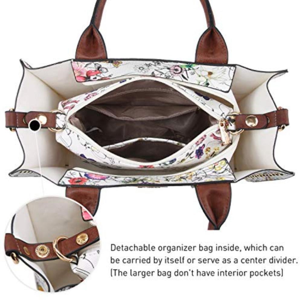 Women Vegan Leather Handbags Fashion Satchel Bags Shoulder Purses Top Handle Work Bags 3pcs Set (3pcs 0620W White Floral Trim) - Lily Bloom