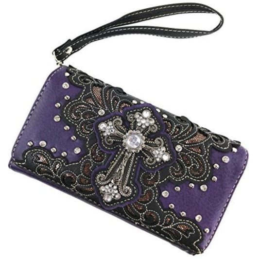 Purple Bling Gleam Rhinestone Cross Floral Messenger Bag Purse with Long Cross Body Strap - Lily Bloom