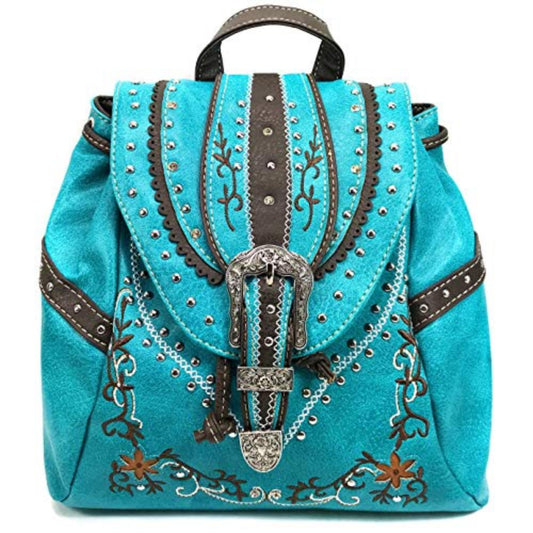 Western Women Buckle Drawstring Conceal Carry Mini Backpack Rucksack with Floral Embroidery (Turquoise) - Lily Bloom
