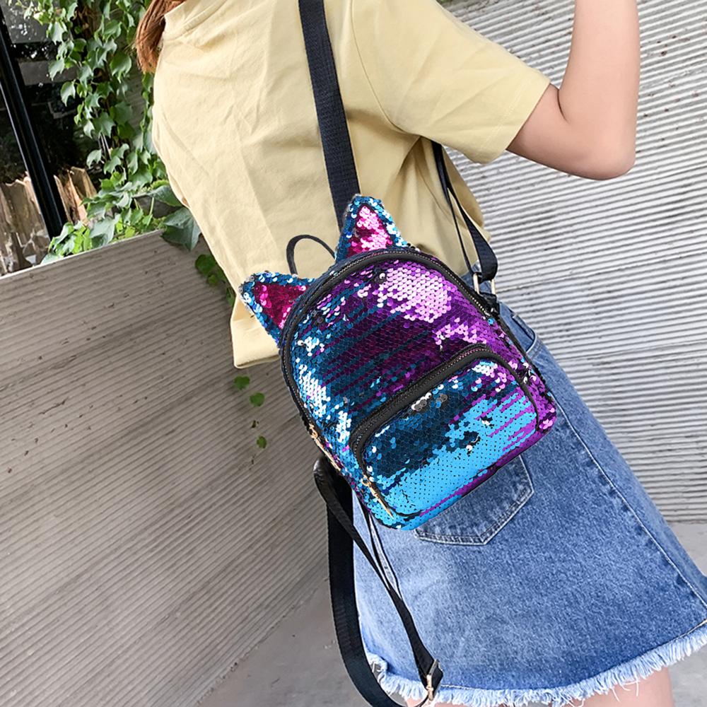 Cute Sequins Backpack Cat Ears School Zipper Backpack - Lily Bloom