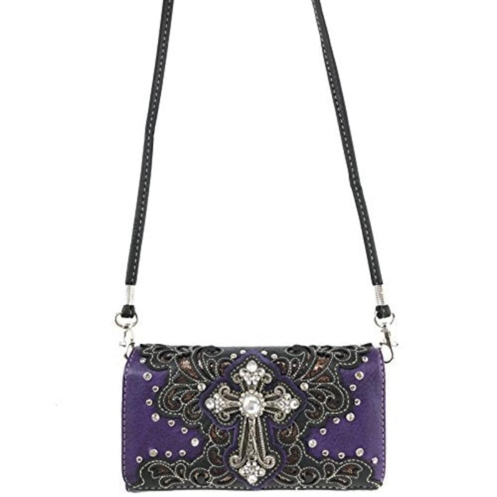 Purple Bling Gleam Rhinestone Cross Floral Messenger Bag Purse with Long Cross Body Strap - Lily Bloom