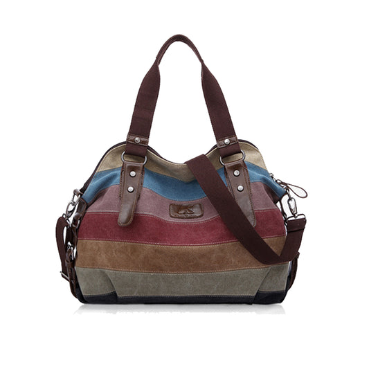 Women's Canvas Multi-Color Satchel Stripe Tote Large Travel Bag - Lily Bloom