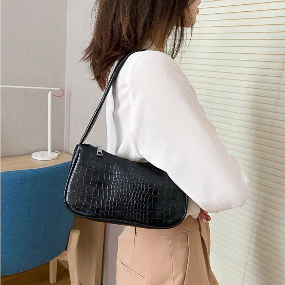 Retro Classic Crocodile Pattern Clutch Shoulder Bag with Zipper Closure - Lily Bloom