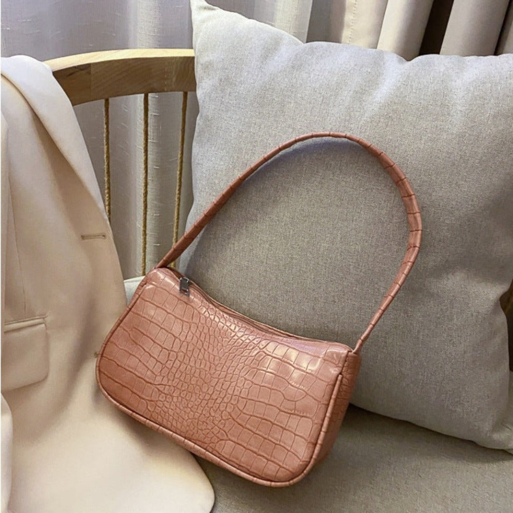 Retro Classic Crocodile Pattern Clutch Shoulder Bag with Zipper Closure - Lily Bloom