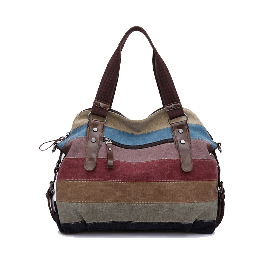 Women's Canvas Multi-Color Satchel Stripe Tote Large Travel Bag - Lily Bloom