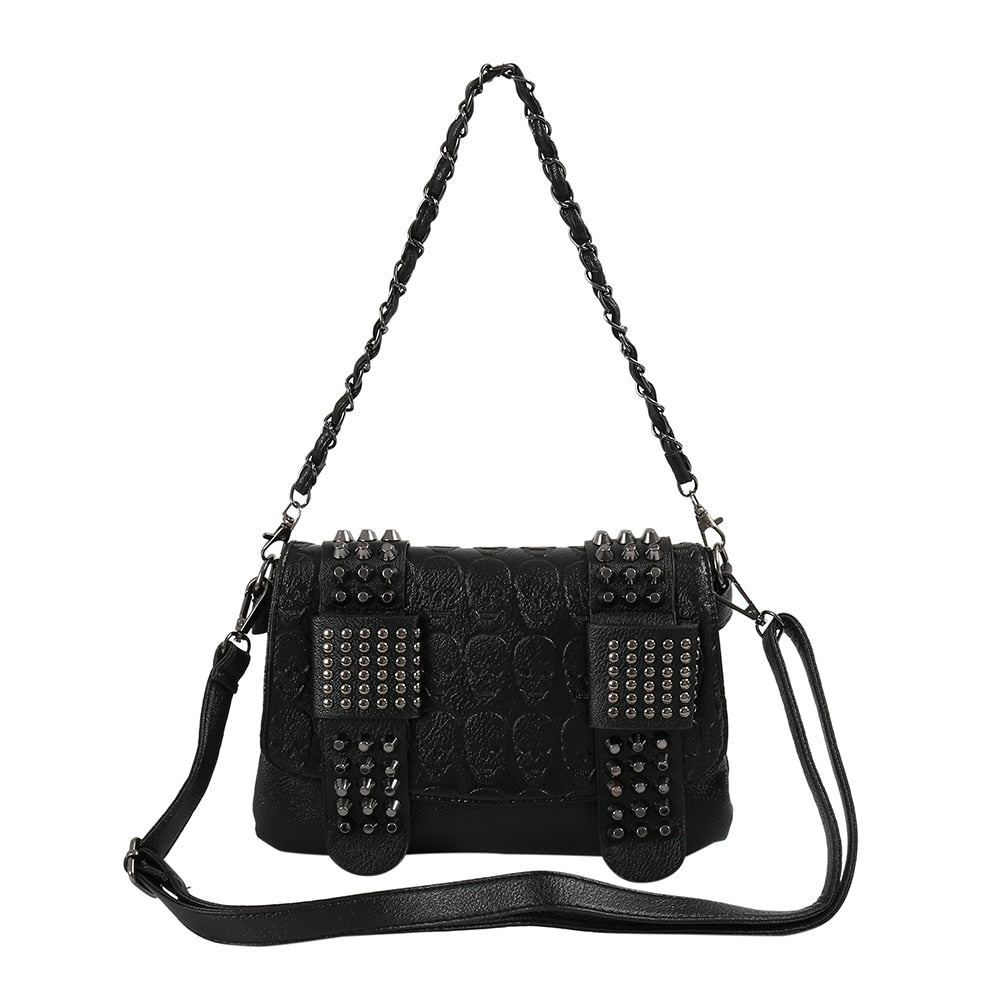 Leather Vintage Messenger Cool Skull Rivets Shoulder Punk Cross-body Handbag - Lily Bloom