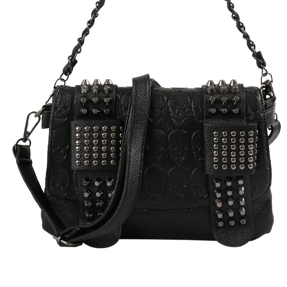 Leather Vintage Messenger Cool Skull Rivets Shoulder Punk Cross-body Handbag - Lily Bloom
