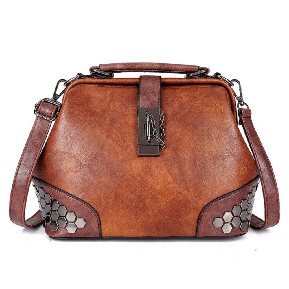 Lock Chain Rivets Leather Cross-body Shoulder Bag - Lily Bloom