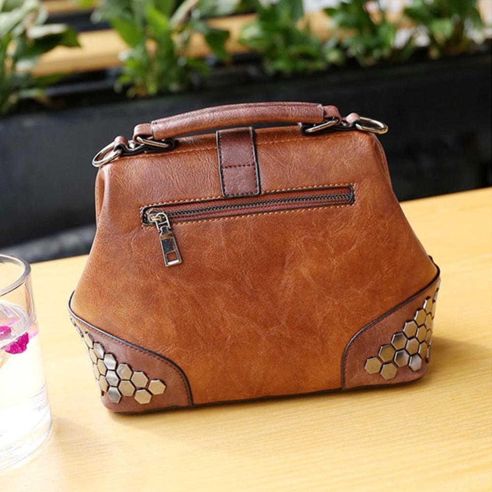 Lock Chain Rivets Leather Cross-body Shoulder Bag - Lily Bloom