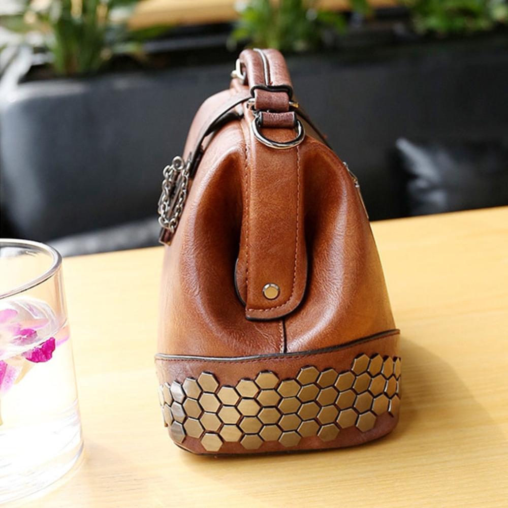 Lock Chain Rivets Leather Cross-body Shoulder Bag - Lily Bloom
