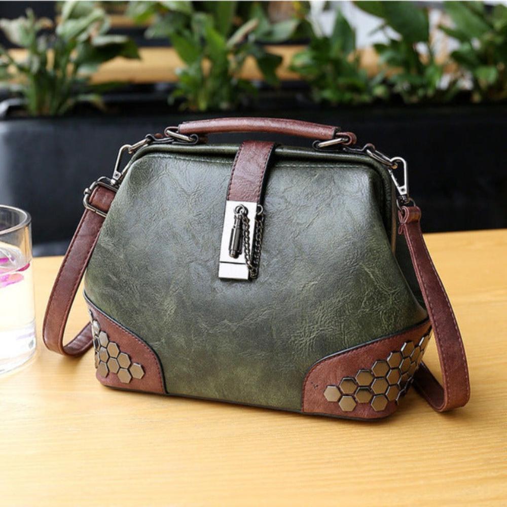 Lock Chain Rivets Leather Cross-body Shoulder Bag - Lily Bloom