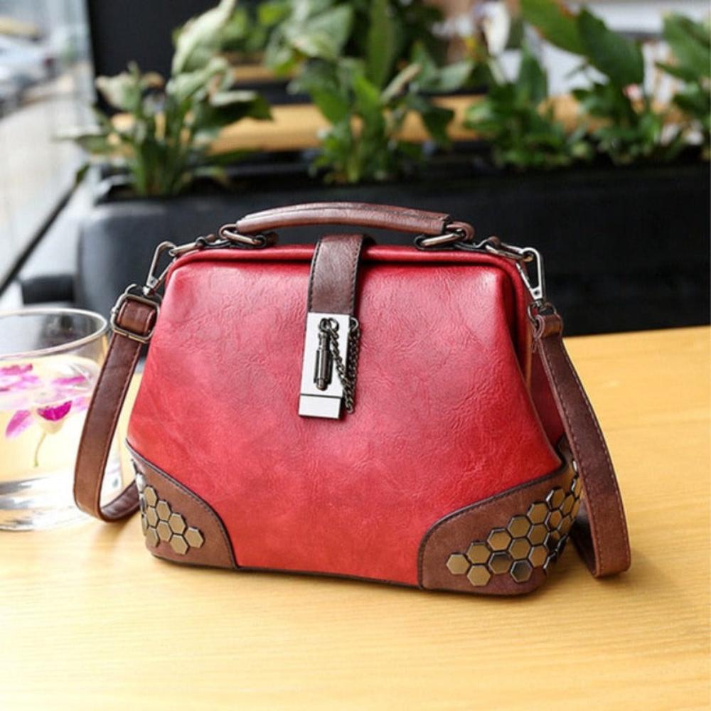 Lock Chain Rivets Leather Cross-body Shoulder Bag - Lily Bloom