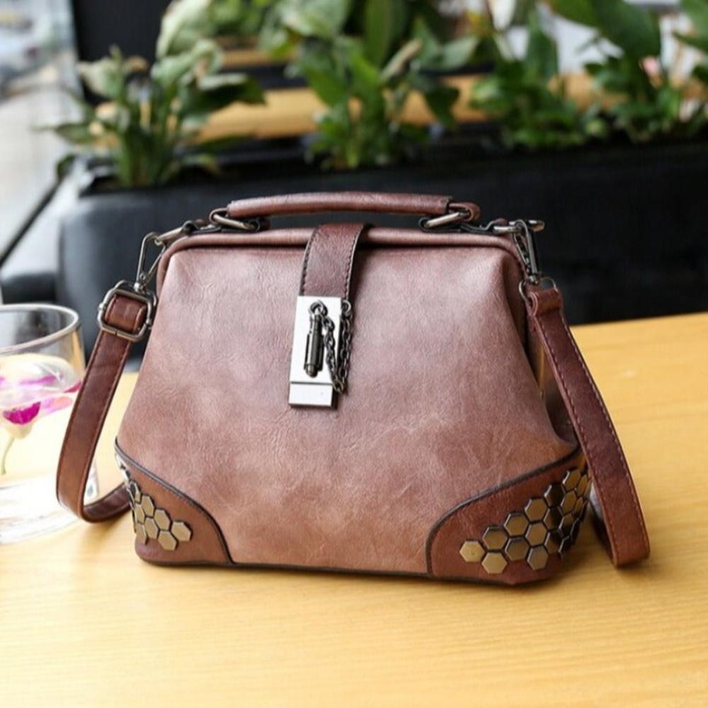 Lock Chain Rivets Leather Cross-body Shoulder Bag - Lily Bloom