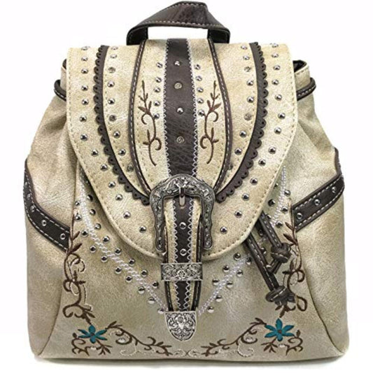 Western Buckle Drawstring Conceal Carry Backpack Floral Embroidery - Lily Bloom