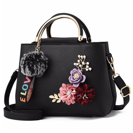 Leather Handbag Shoulder Bag Tote Flowers Shell Sac A Main Rivets Fur Ball Pendant - Lily Bloom