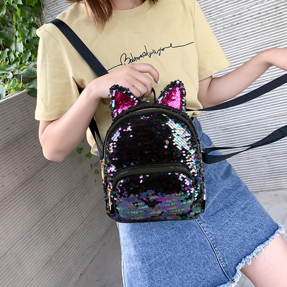 Cute Sequins Backpack Cat Ears School Zipper Backpack - Lily Bloom