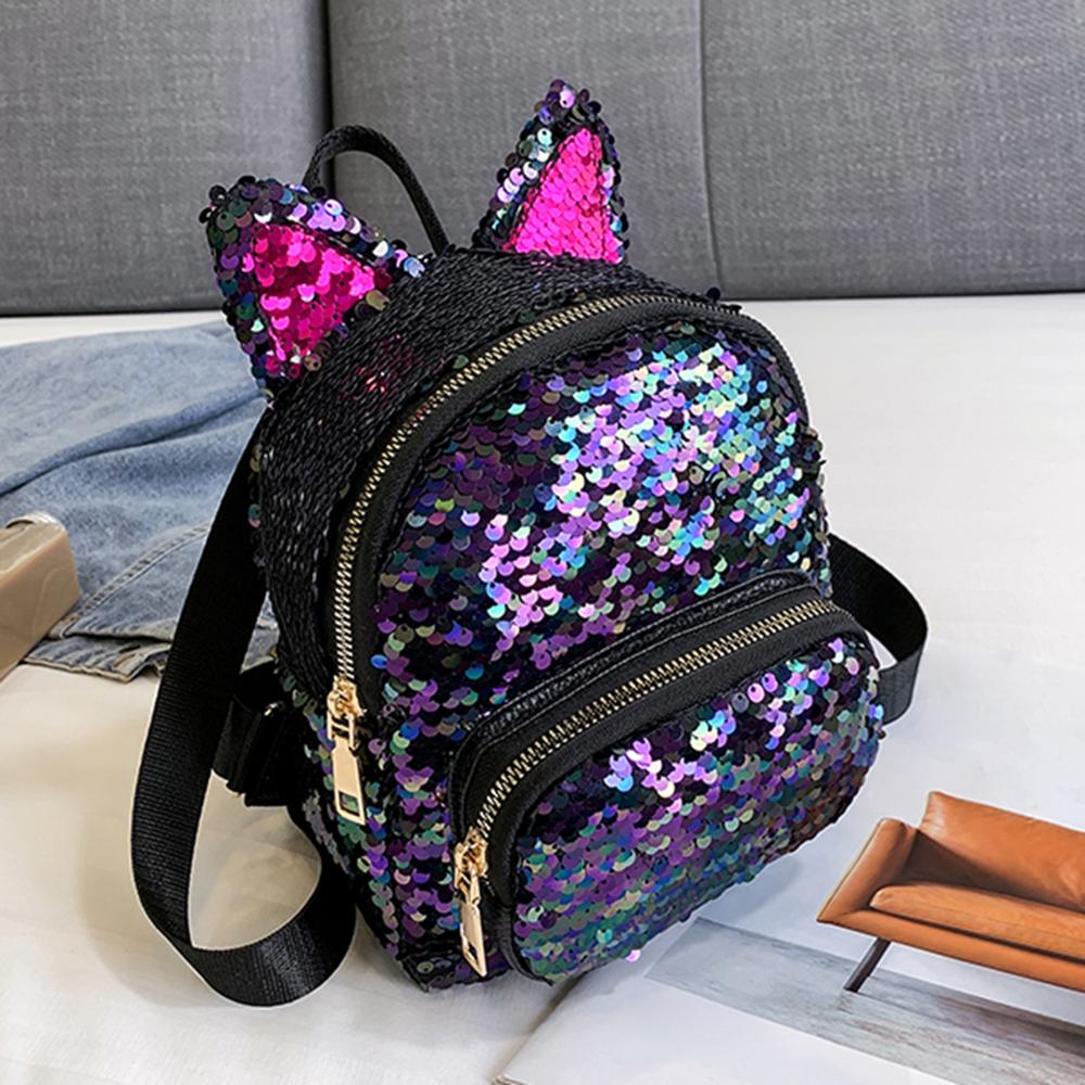 Cute Sequins Backpack Cat Ears School Zipper Backpack - Lily Bloom