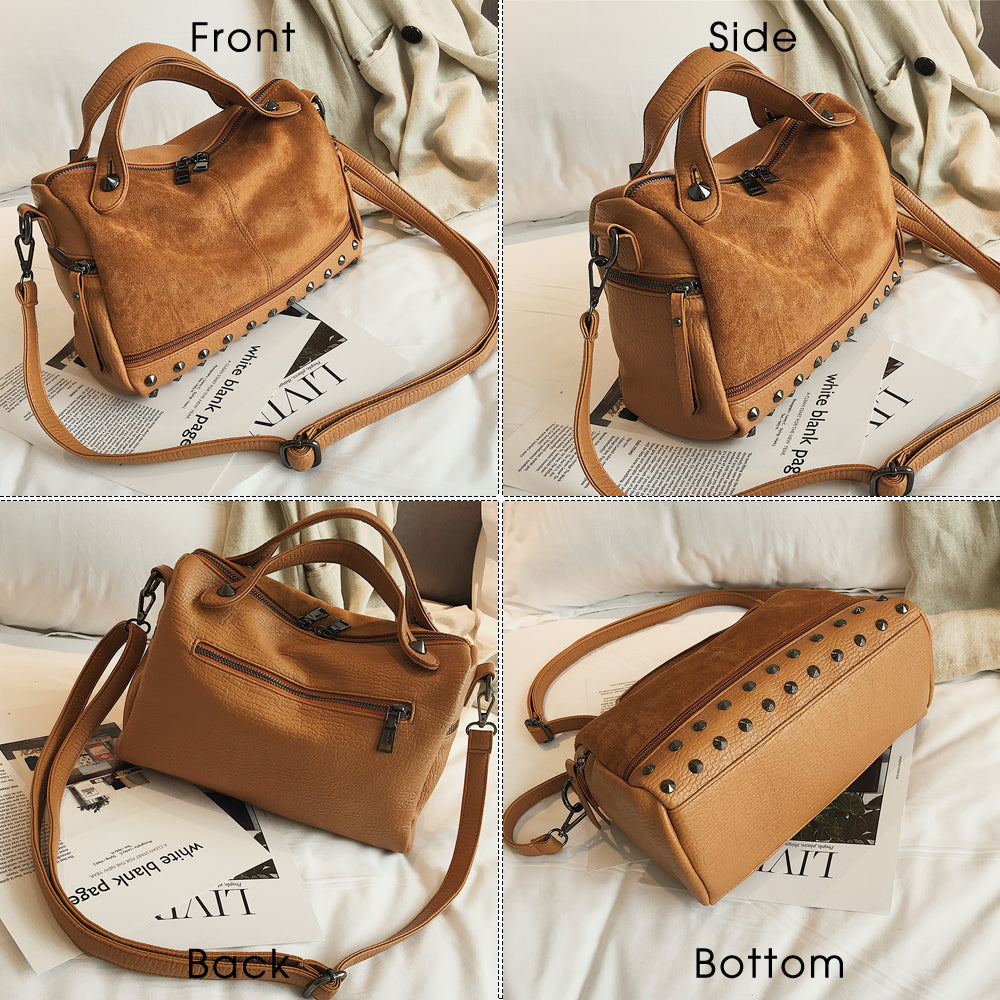 Large Capacity Leather Shoulder Top handle Bag With Rivets Retro Motorcycle Tote Bag - Lily Bloom