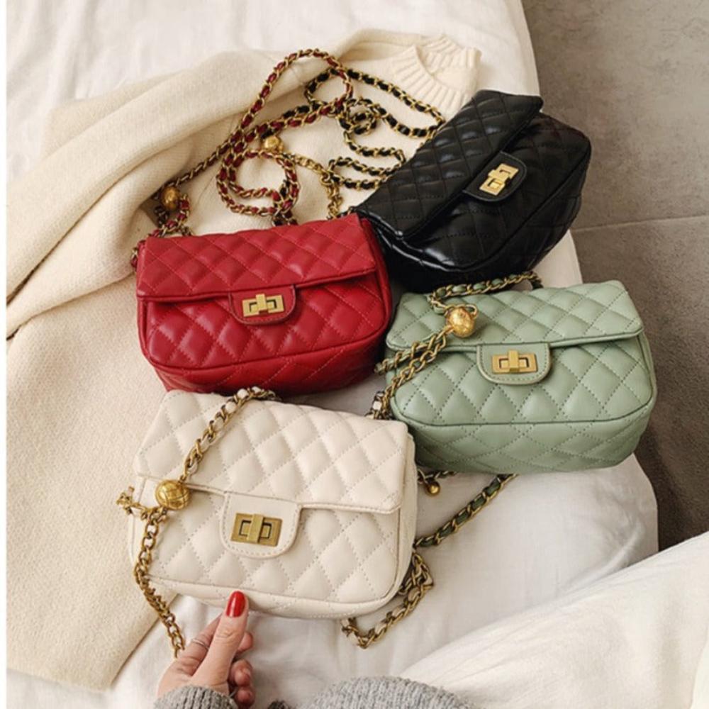 Quilted Leather Cross - body Chain Messenger Shoulder Bag - Lily Bloom